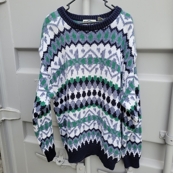 Pull Vintage Gulf Traders - Taille XL - Vert à Motifs Diamants - Années 70